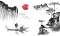 Japan traditional sumi-e painting. Indian ink illustration. Man and boat. Sunset, dusk. Japanese picture. Royalty Free Stock Photo