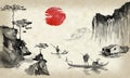 Japan traditional sumi-e painting. Indian ink illustration. Man and boat. Sunset, dusk. Japanese picture. Royalty Free Stock Photo