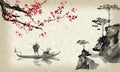 Japan traditional sumi-e painting. Indian ink illustration. Man and boat. Sunset, dusk. Japanese picture. Royalty Free Stock Photo