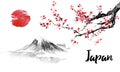 Japan traditional sumi-e painting. Sakura, cherry blossom. Fuji mountain. Indian ink illustration. Japanese picture.