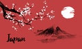 Japan traditional sumi-e painting. Sakura, cherry blossom. Fuji mountain. Indian ink illustration. Japanese picture.