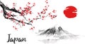 Japan traditional sumi-e painting. Sakura, cherry blossom. Fuji mountain. Indian ink illustration. Japanese picture.