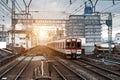 Japan train on railway with skyline at Osaka, Japan for transportation background