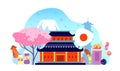 Japan travel background. Japanese summer landscape, travelling landmarks and festival elements. Asian tourism, flat
