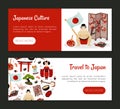 Japan Travel Banner Design with Traditional Symbols Vector Template