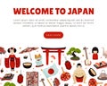 Japan Travel Banner Design with Traditional Symbols Vector Template
