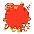 Japan travel banner with red circle, dragon, shrine and sakura blossom, japanese flying fish with fan, dolls and laterns Royalty Free Stock Photo