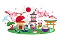 Japan travel concept, traditional japanese symbols vector illustration. Traveling places and landmarks. Sakura, asian