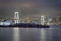 Japan Travel Destinations. Closeup View of Rainbow Bridge in Odaiba Island in Tokyo At Twilight with Line of Skyscrapers in Royalty Free Stock Photo