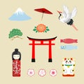 Japan travel elements, traditional culture symbols collection in screen printing, Japan travel in Japanese word placed