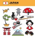Japan travel famous landmarks and Japanese culture traditional tourist attractions vector icons