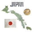 Japan travel and japanese culture set of watercolor illustrations. Traditional symbols of Japanese flag, map and
