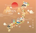 Japan travel map in flat illustration. Royalty Free Stock Photo