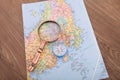 Japan travel map and a magnifying glass