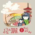 Japan travel poster with asian traditional symbols - travel to Japan. Royalty Free Stock Photo