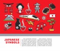 Japan travel poster of Japanese sightseeings symbols and famous culture landmarks icons Royalty Free Stock Photo