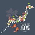 Japan travel poster with map on dark background - travel to Japan. Royalty Free Stock Photo