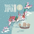 Japan travel poster with snow map - travel to Japan. Royalty Free Stock Photo