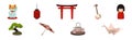 Japan Travel Symbols with Shamisen, Lantern, Beckoning Cat, Doll Figurine, Torii Gate, Bonsai Tree and Origami Vector