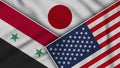 Japan United States of America Syria Flags Together Fabric Texture Illustration