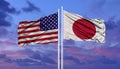 Japan and United States flag waving in the wind against white cloudy blue sky together. Diplomacy concept, international relations Royalty Free Stock Photo