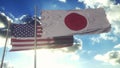 Japan and USA flag on flagpole. Japan and United States waving flag in wind. Japan and United States diplomatic concept