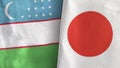 Japan and Uzbekistan two flags textile cloth 3D rendering