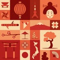 Japan, vector flat illustration, icon set, landmark background. Bonsai, flower, stone, fun, woman face, lantern, food, flag, Royalty Free Stock Photo