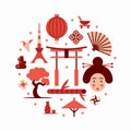 Japan, vector flat illustration, icon set, landmark background. Bonsai, flower, stone, fun, woman face, lantern, food, flag, Royalty Free Stock Photo