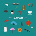 Japan vector illustration with Japanese famous landmarks, lantern, fan, other objects Royalty Free Stock Photo