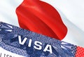 Japan Visa Document, with Japan flag in background. Japan flag with Close up text VISA on USA visa stamp in passport,3D rendering. Royalty Free Stock Photo