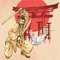 Japan. An Warrior, Shinto, Swan. An hand drawn vector picture. L