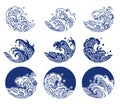 Japan water and ocean wave line logo illustration