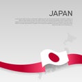 Japan wavy flag and mosaic map on white background. Wavy ribbon color flag of japan. National poster. Vector cover design Royalty Free Stock Photo