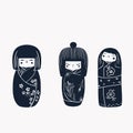 Japan wood dolls Kokeshi vector illustration linocut