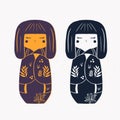 Japan wood dolls Kokeshi vector illustration linocut