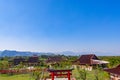 Japanase Culture Hinoki Town in Chiang Mai Thailand.Bird`s eye view of the ancient city of Japan Against the blue sky Royalty Free Stock Photo