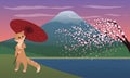 Red cat with a Japanese umbrella against the backdrop of Mount Fuji with sakura