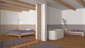 Japandi bathroom and bedroom in wooden and purple tones. Freestanding bathtub, master bed with duvet and herringbone parquet floor