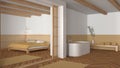 Japandi bathroom and bedroom in wooden and yellow tones. Freestanding bathtub, master bed with duvet and herringbone parquet floor Royalty Free Stock Photo