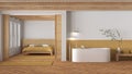 Japandi bathroom and bedroom in wooden and yellow tones. Freestanding bathtub, master bed with duvet and herringbone parquet floor Royalty Free Stock Photo