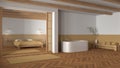 Japandi bathroom and bedroom in wooden and yellow tones. Freestanding bathtub, master bed with duvet and herringbone parquet floor Royalty Free Stock Photo