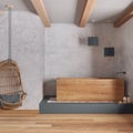 Japandi bathroom with freestanding wooden bathtub in white and gray tones, hanging armchair, plaster concrete walls and parquet.