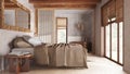 Japandi bedroom and bathroom in white and beige tones. Double bed, paper door and wooden bathtub. Parquet floor and tiles, Royalty Free Stock Photo