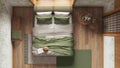 Japandi bedroom with wallpaper and wooden walls in green and beige tones. Parquet, master bed, carpets and decors. Japanese Royalty Free Stock Photo