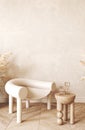 Japandi boho beige interior with chair and stucco background. Light modern australian livingroom with creative
