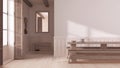 Japandi dining room with wooden minimalist table in white and bleached tones. Wall mockup. Minimalist interior design