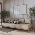 Japandi living room with frame mockup in bleached tones. Fabric sofa with pillows, potted olive trees. Farmhouse interior design