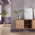 Japandi living room in purple and beige tones. Wooden chest of drawers with frame mockup. Marble floor and wallpaper. Modern Royalty Free Stock Photo