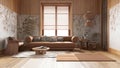 Japandi living room with wallpaper and wooden walls in orange and beige tones. Parquet floor, fabric sofa, carpets and decors. Royalty Free Stock Photo